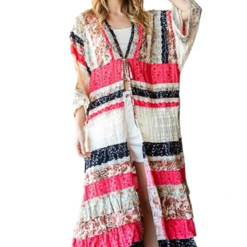 Oli & Hali Boho Patchwork Lace Kimono Duster Pink Floral Mixed Print Size L NEW